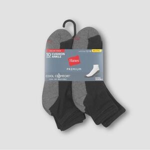Hanes Premium Black & Gray Cushion Ankle Socks -10 Pack size 12-14 Big Tall NWT